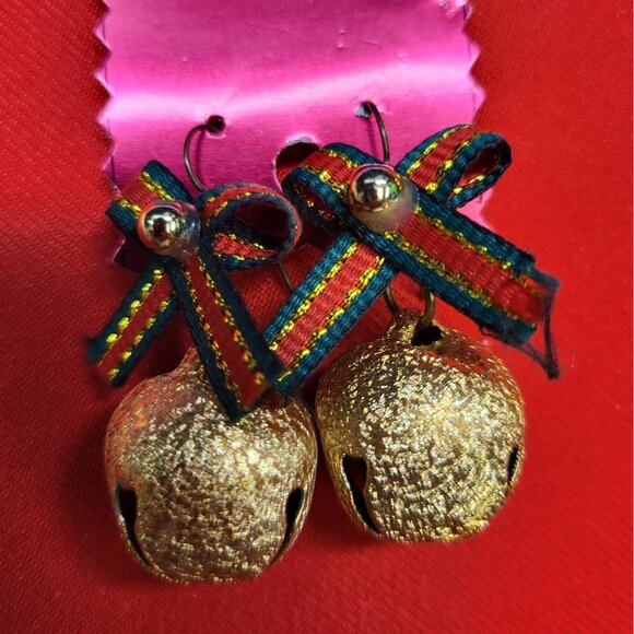 Christmas Dangling Earrings Golden Christmas Tree  Jingle Bell Set of 2 - Picture 4 of 14